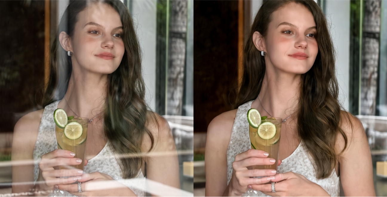 HUAWEI Pura 80 AI 反光消除前后的照片对比，体现 AI 反光消除的能力