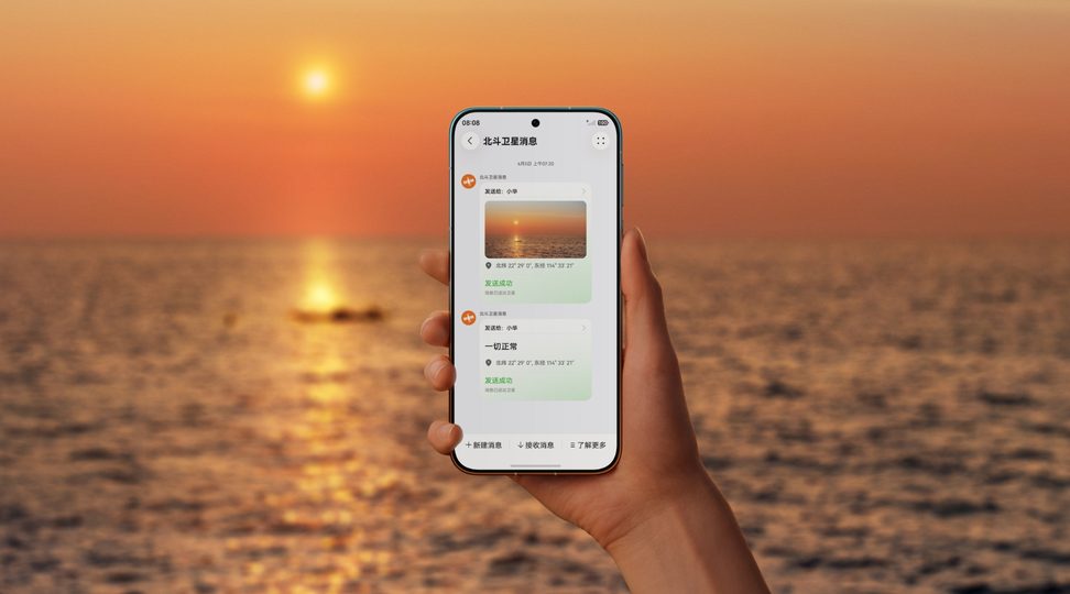 手持 HUAWEI Pura 90 Pro Max 在海面发送北斗卫星消息的画面，展示了在无网情况下可以使用北斗卫星消息保持联系