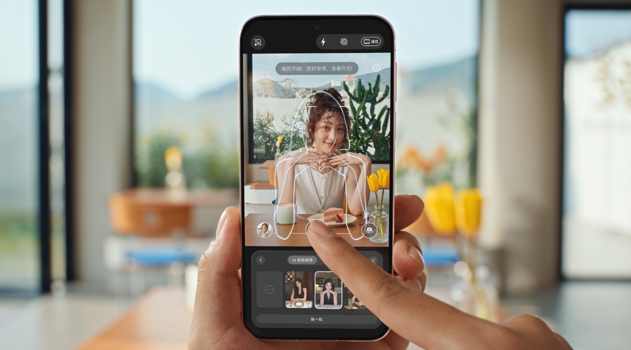 HUAWEI Pura 90 Pro Max 姿势推荐功能示意视频，展示了姿势推荐的功能