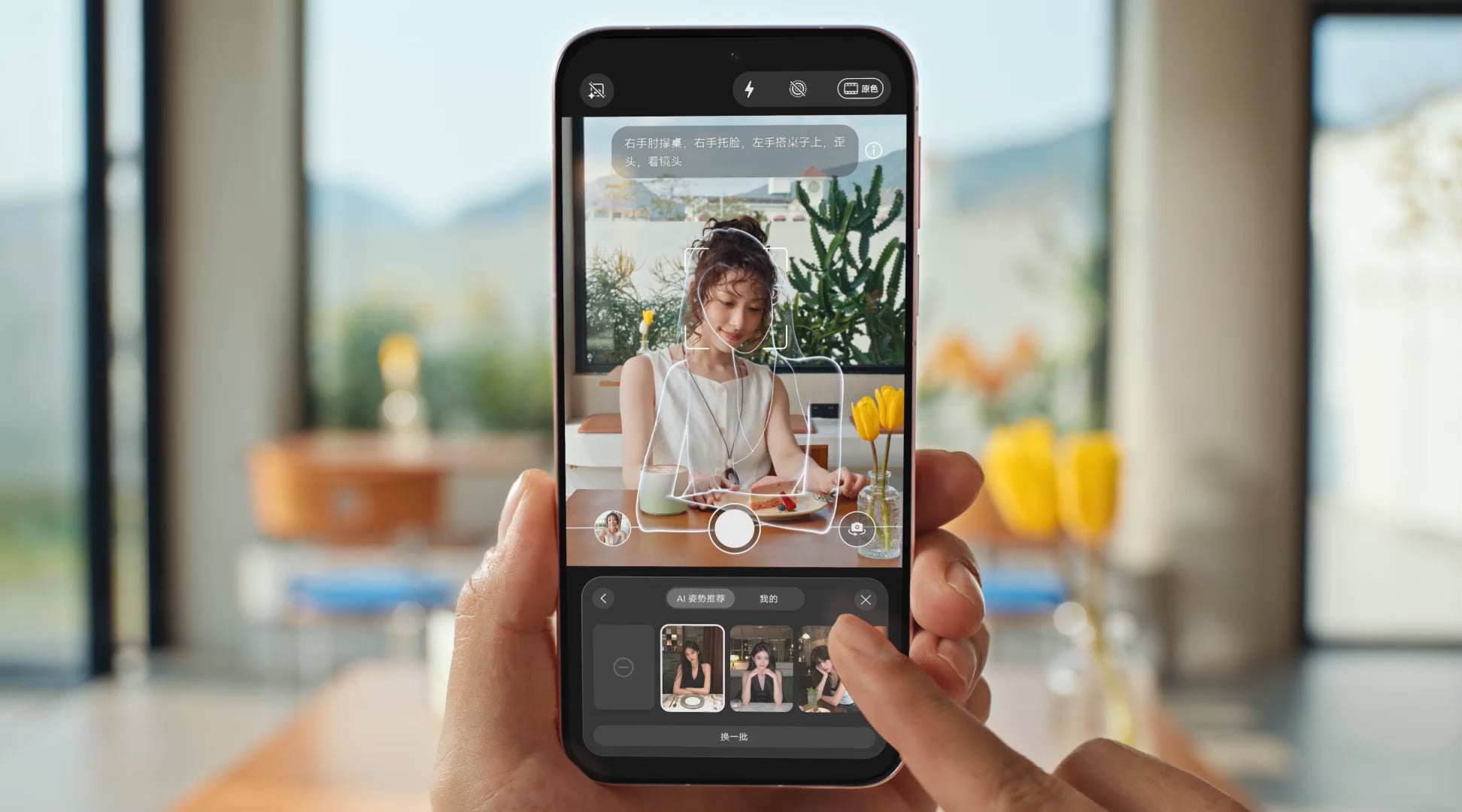 HUAWEI Pura 90 Pro Max 姿势推荐功能示意视频，展示了姿势推荐的功能