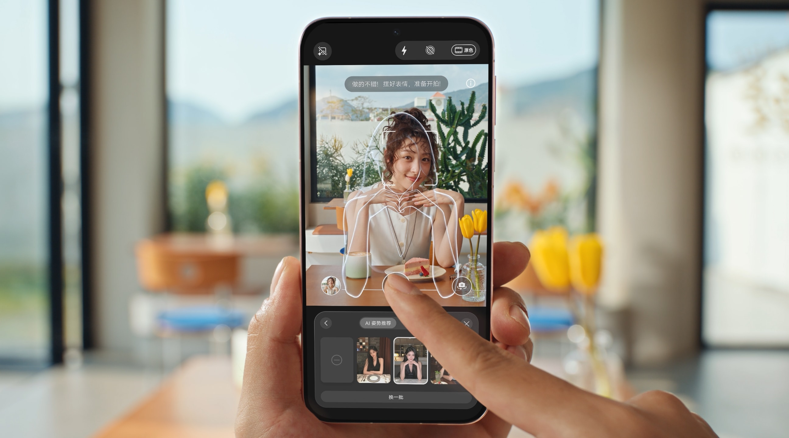 HUAWEI Pura 90 Pro 姿势推荐功能示意视频，展示了姿势推荐的功能
