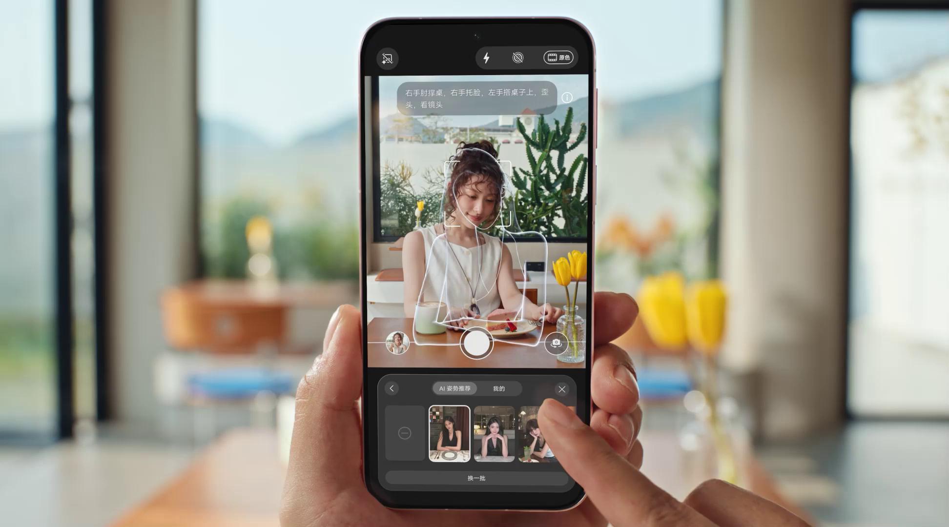 HUAWEI Pura 90 Pro 姿势推荐功能示意视频，展示了姿势推荐的功能