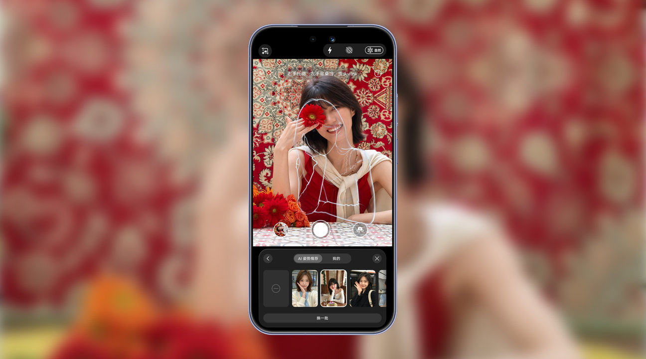 HUAWEI Pura 90 姿势推荐功能示意视频，展示了姿势推荐的功能