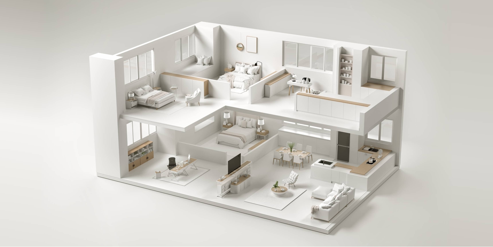 户型图，展示了华为凌霄子母路由 Q7 网线版适配的三种大户型