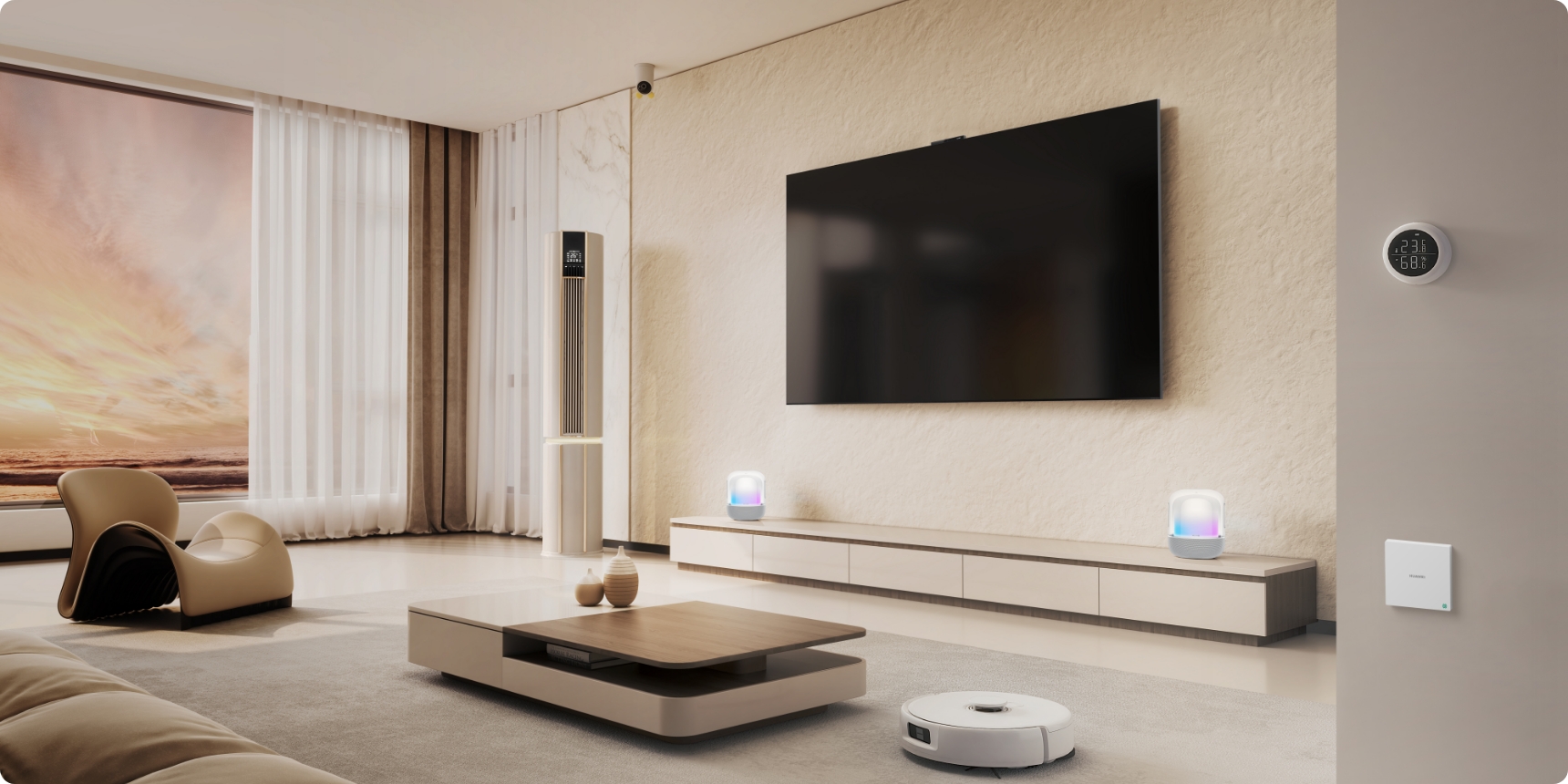 华为凌霄子母路由 Q7 网线版 超薄款在房间内的信号示意图，展示了路由器智感环境的特性