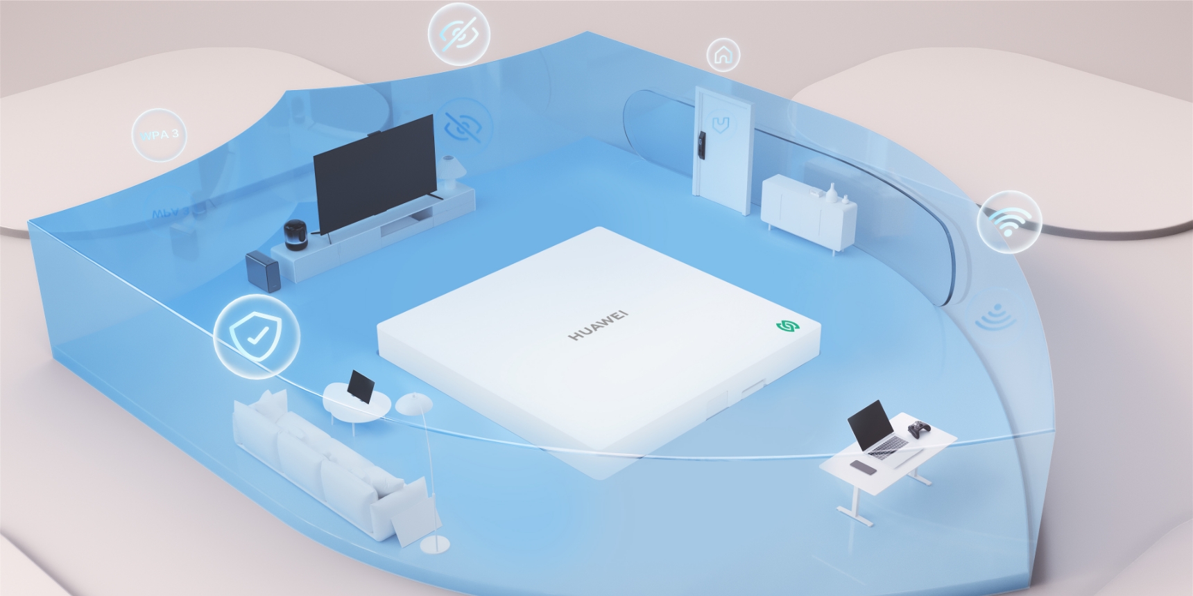 华为凌霄子母路由 Q7 网线版 超薄款被电脑、手机等产品环绕，展示了产品的金融级网络安全
