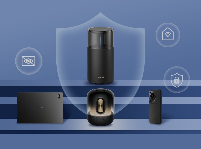 华为路由 X1 Pro 连接平板、音箱、手机，展示了守护家中网络安全的功能