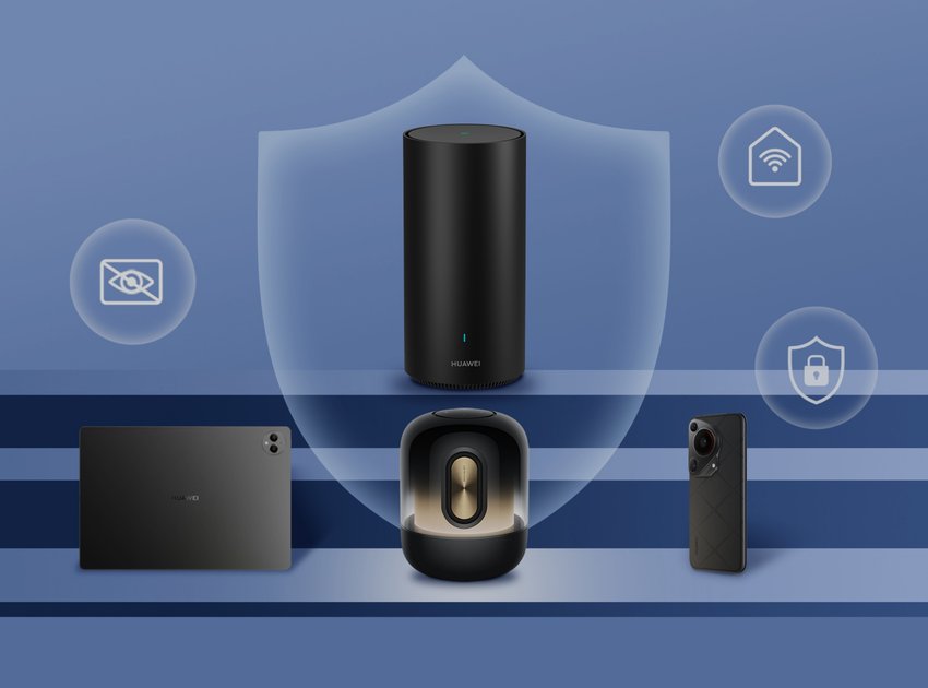 华为路由 X1 连接平板、音箱、手机，展示了守护家中网络安全的功能