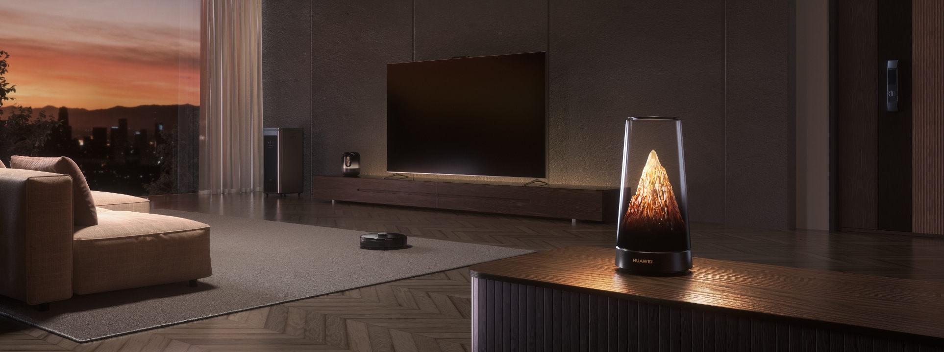 华为路由 X3 Pro 日照金山放置于客厅，展示了星闪连接带来的智慧生活体验