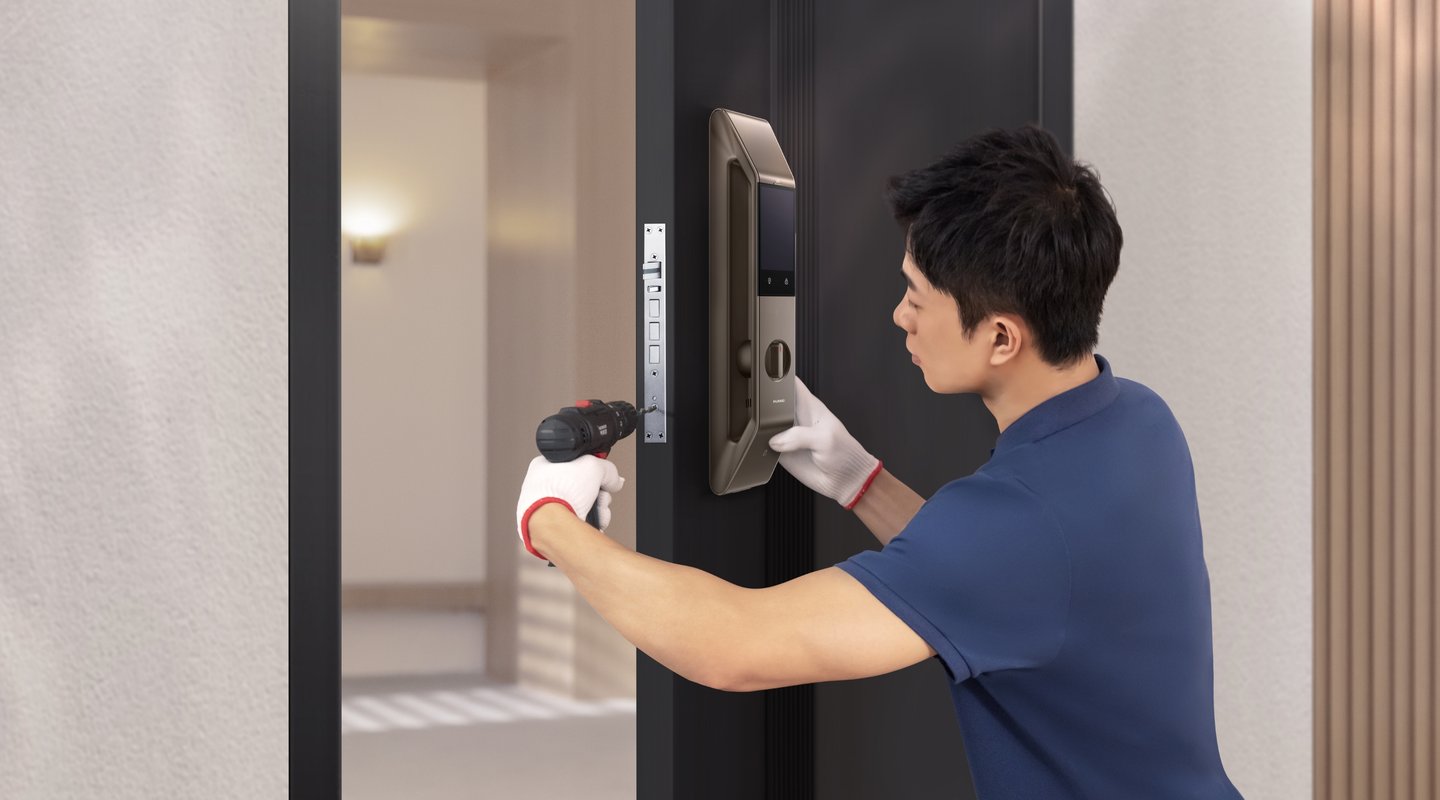 维修人员上门安装,展示了华为智能门锁 2 Ultra 的高端权益