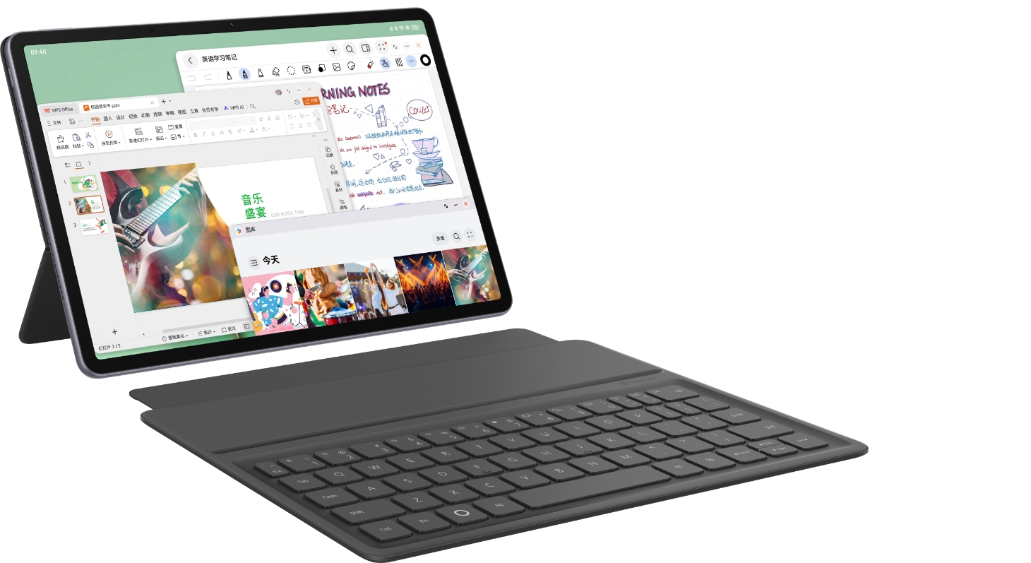 HUAWEI MatePad 11.5 S 灵动款自由多窗效果图，展示了全新自由多窗的便捷功能