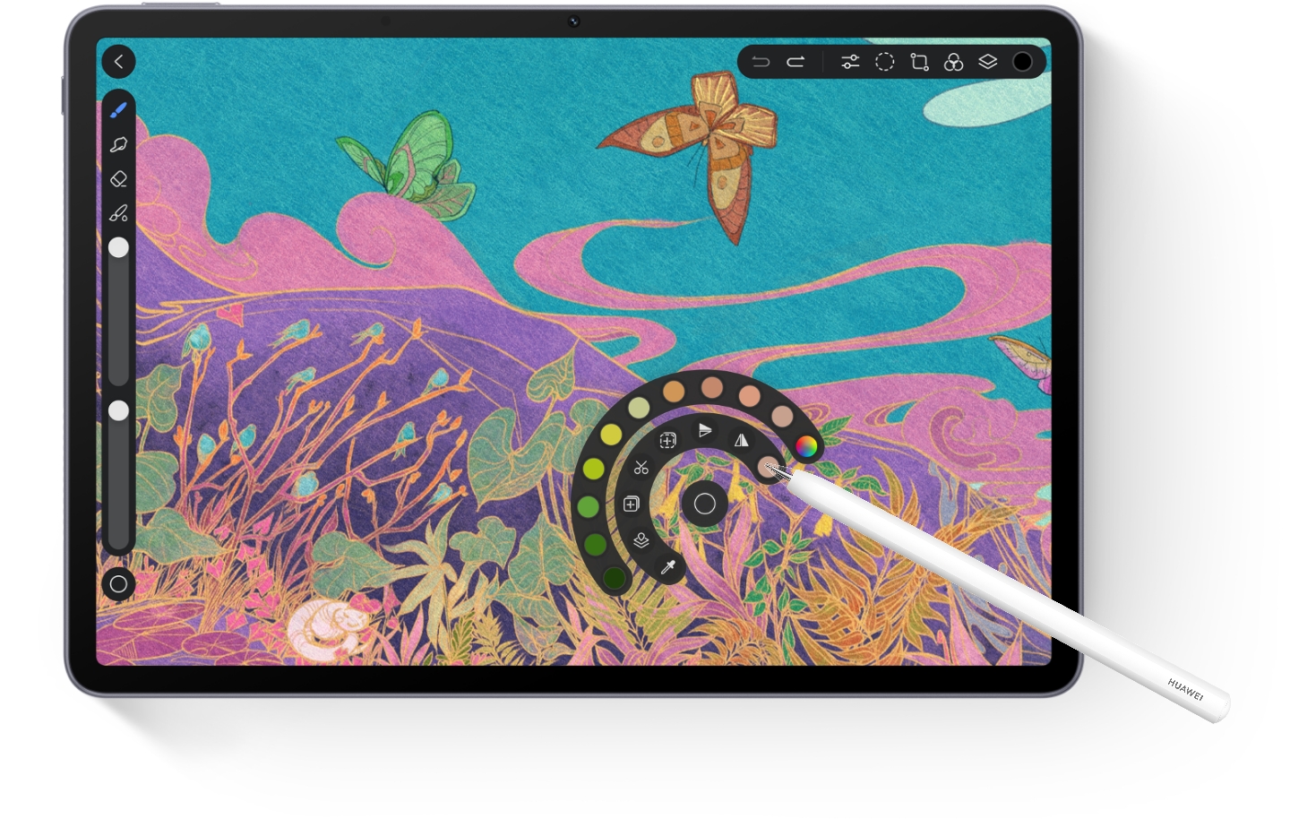 HUAWEI MatePad 11.5 S 灵动款天生会画界面图，展示了平板与天生会画、手写笔搭配使用的便捷效果