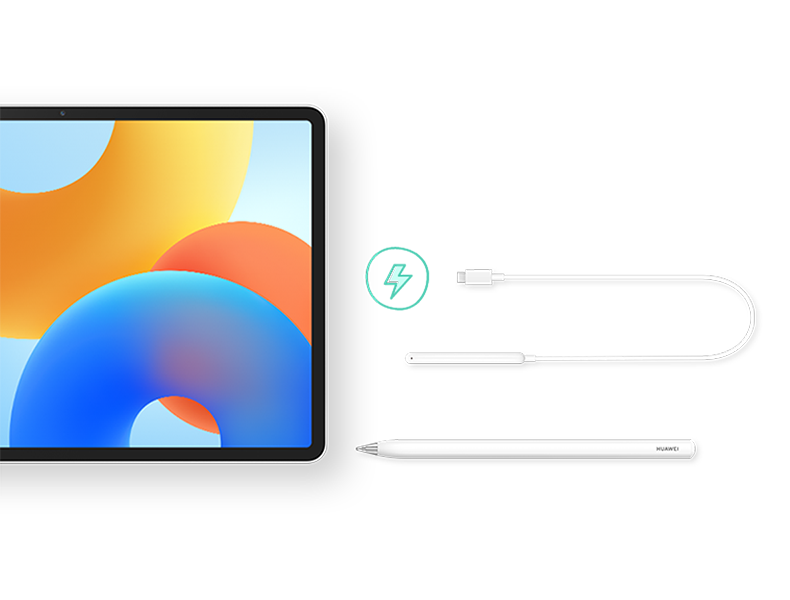 HUAWEI MatePad 11.5的平板 UX 图和手写笔，手写笔充电器正视图，体现笔的写绘自如
