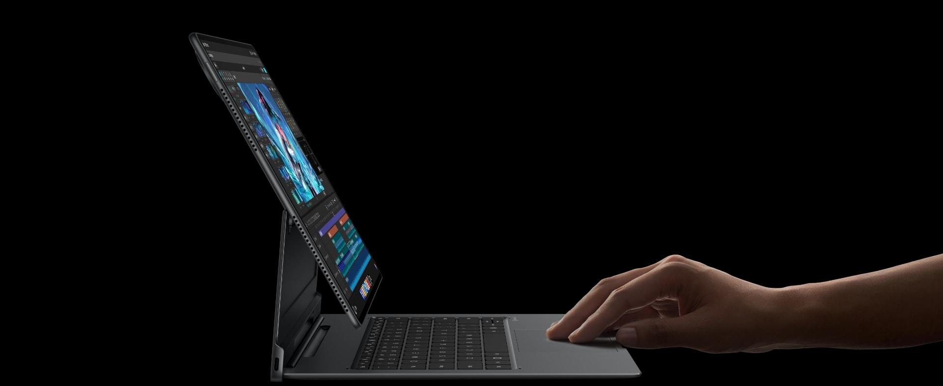 HUAWEI MatePad Edge 电脑形态侧视图，展示了悬浮键盘与平板的便捷搭配