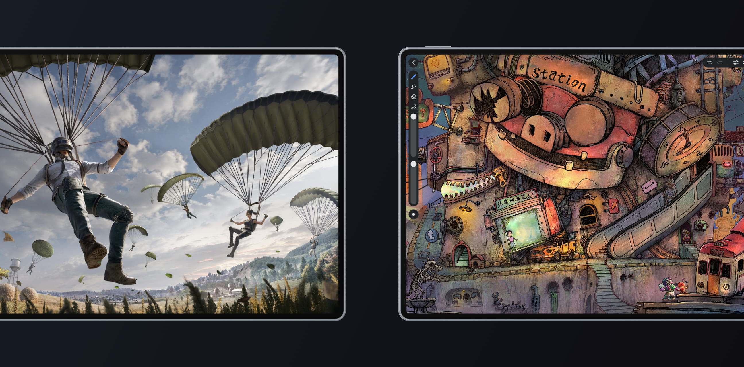 在 HUAWEI MatePad Edge 上分别使用和平精英及天生会画的界面，展示了产品的强大性能