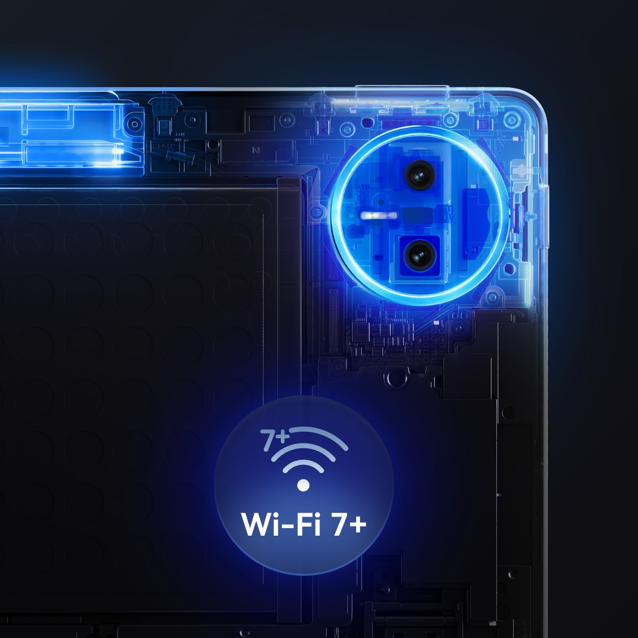 HUAWEI MatePad Edge 网络信号特写，展示了产品搭载 AI 智能天线，可感知信号变化