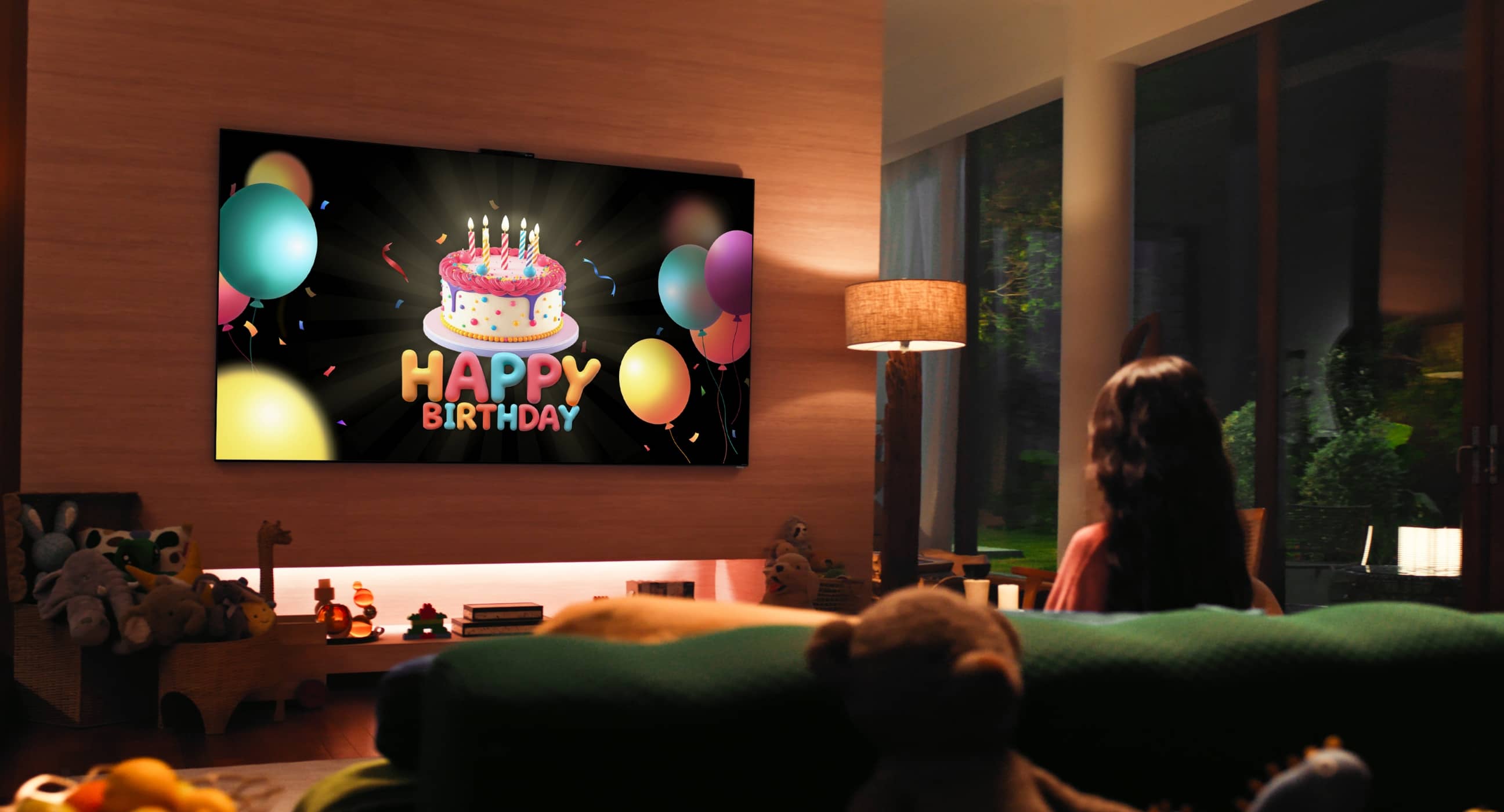 HUAWEI MateTV MAX 场景图，展示产品个性化问候功能