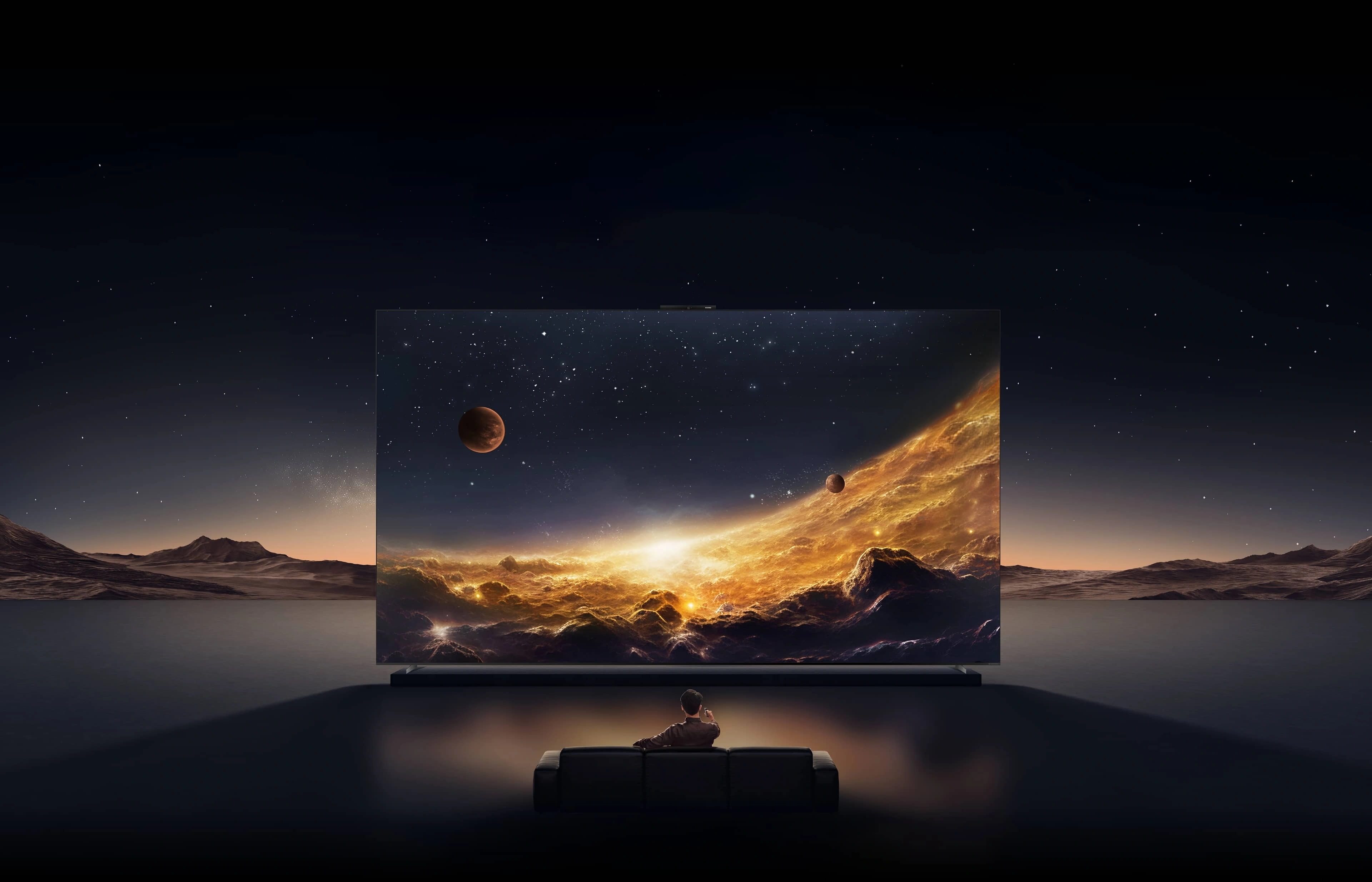 HUAWEI MateTV MAX 场景图，展示产品尺寸外观