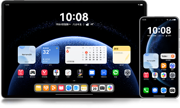 HUAWEI MateTV 与华为设备的桌面界面图，展示系统界面统一的设计语言