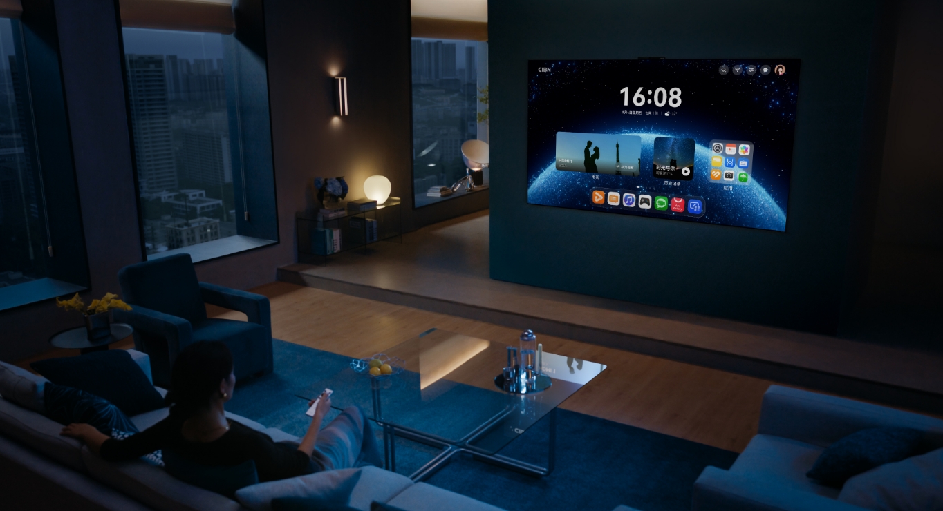 HUAWEI MateTV 场景图，展示零贴墙设计