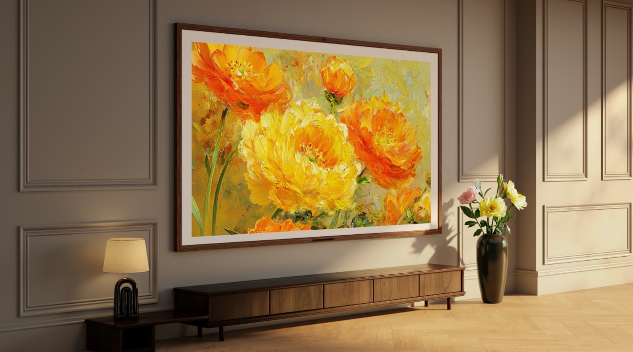 华为智慧屏 S7 Pro 屏幕上呈现油画作品，展示了艺术画框功能