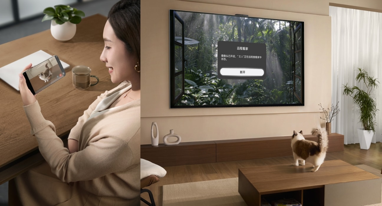华为 Vision 智慧屏 6 的远程看家场景图，体现了华为 Vision 智慧屏 6 远程看家的功能
