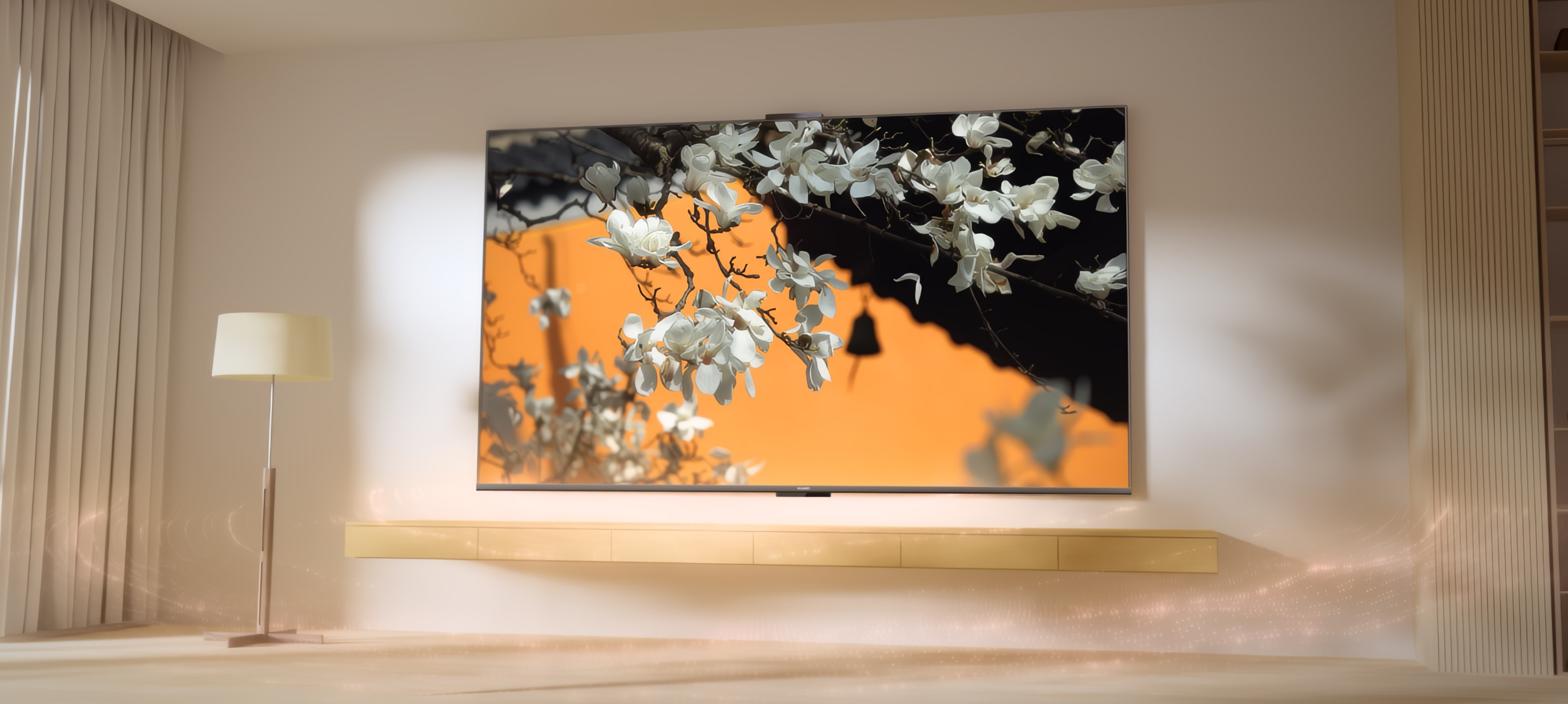 华为 Vision 智慧屏 6 SE 屏幕四周环绕音响声音的展示图片，展示了华为 Vision 智慧屏 6 SE 屏幕的音响声场功能