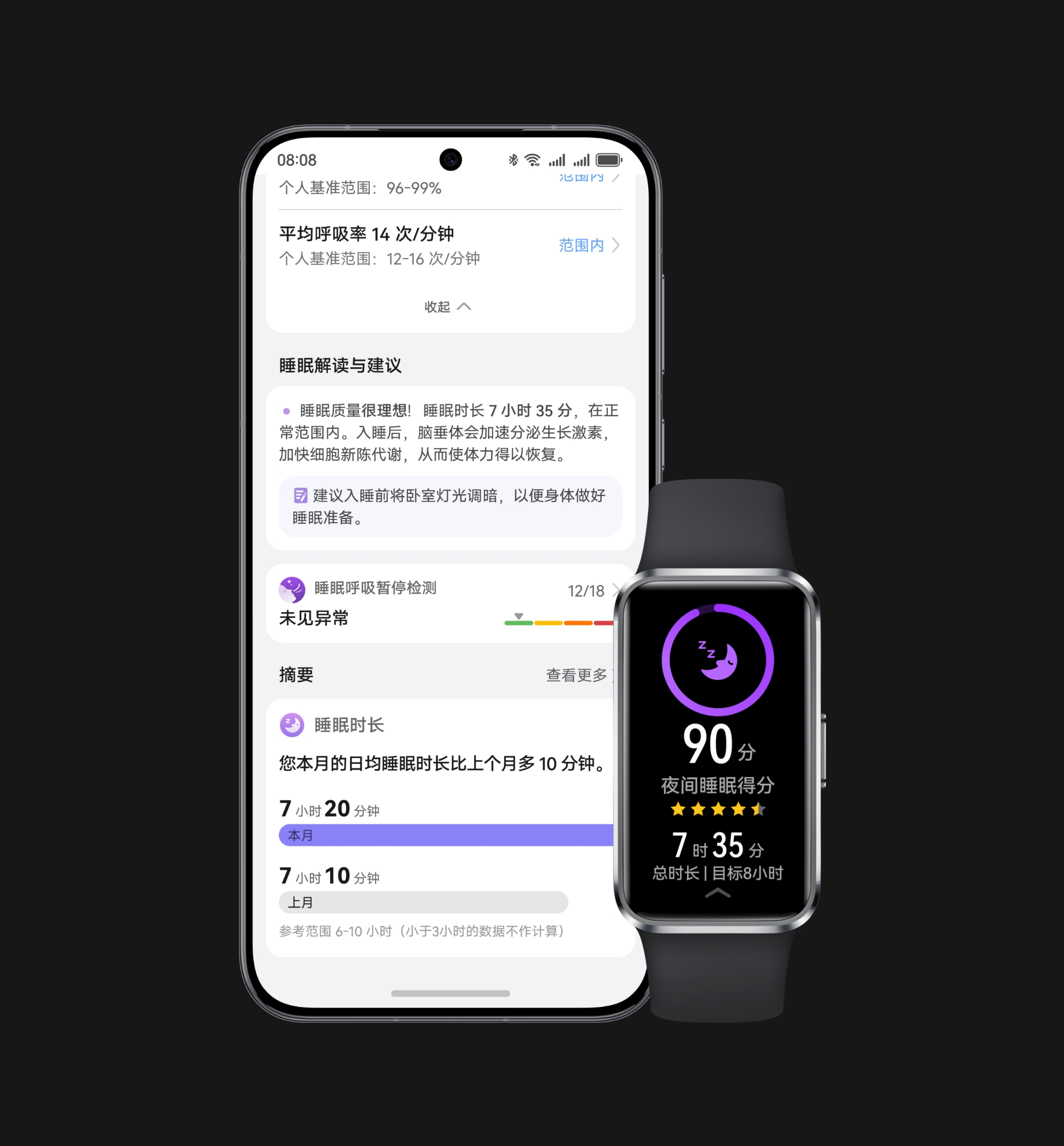手机界面上呈现周期睡眠数据和黑色华为手环 10 正视图，界面上呈现睡眠得分，展示了手环的睡眠质量分析功能