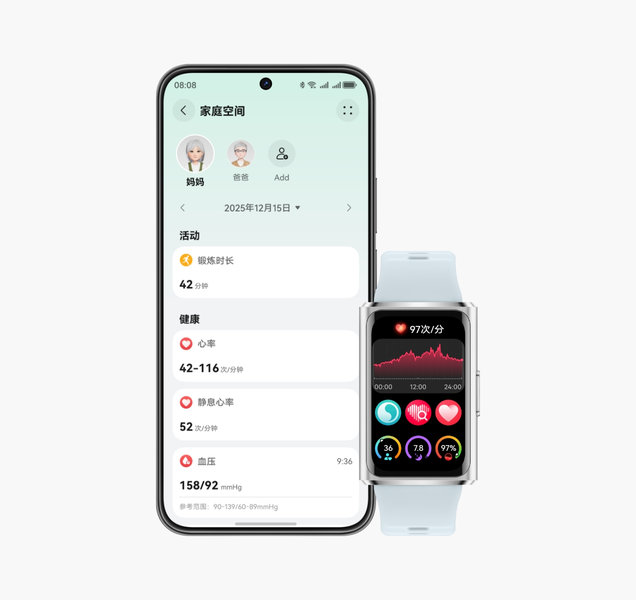 华为手机和手环正面图，展示了华为手环 11 Pro 的家庭空间关爱功能