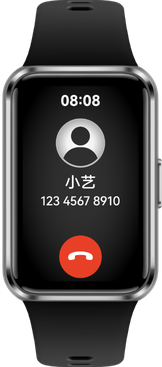 华为手机界面和手环正面，展示了华为手环 11 的腕上来电功能
