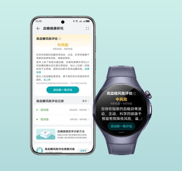 华为手机与手表显示高血糖风险评估相关数据，展示了华为创新研究的血糖健康研究能力