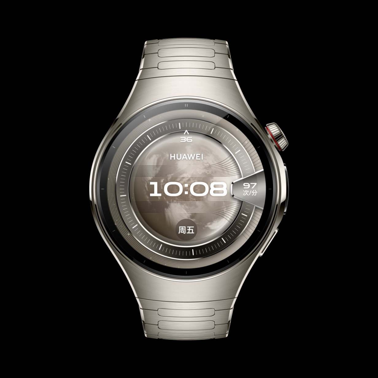 HUAWEI WATCH 5 46mm 银色正面图， 搭配钛金属表带