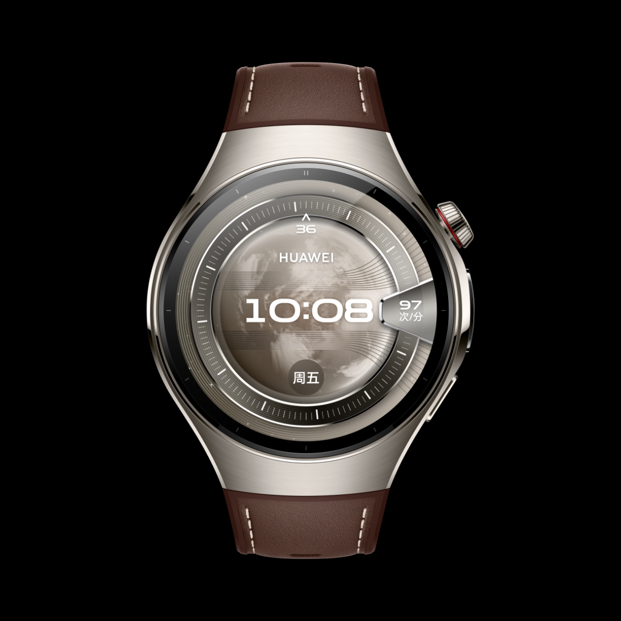 HUAWEI WATCH 5 46mm 棕色正面图， 搭配素皮复合表带