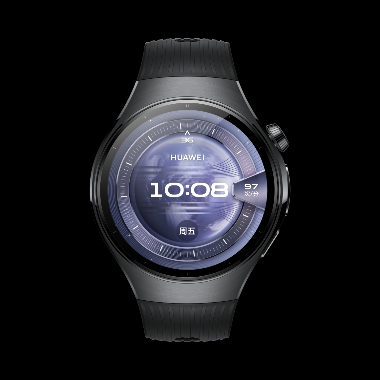 HUAWEI WATCH 5 46mm 黑色正面图， 搭配氟橡胶表带