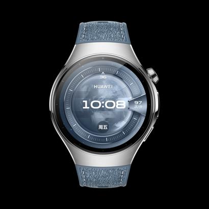HUAWEI WATCH 5 46mm 蓝色正面图， 搭配素皮复合表带