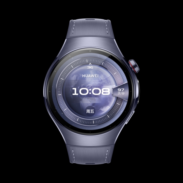 HUAWEI WATCH 5 46mm 紫色正面图，搭配素皮复合表带