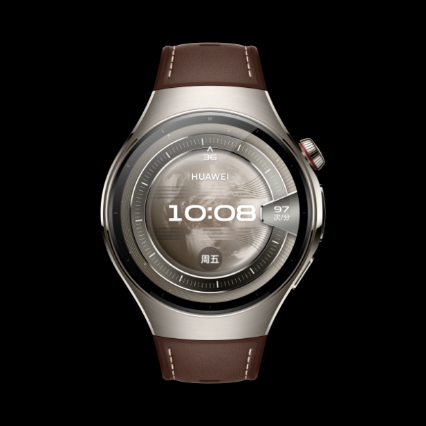 HUAWEI WATCH 5 46mm 棕色正面图， 搭配素皮复合表带