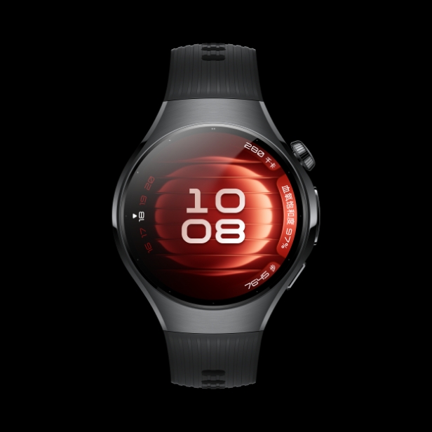 HUAWEI WATCH 5 42mm 黑色正面图，搭配氟橡胶表带