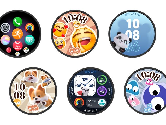 HUAWEI WATCH 5 的多种显示界面，展示了全新的 UI 设计与流畅的用户体验