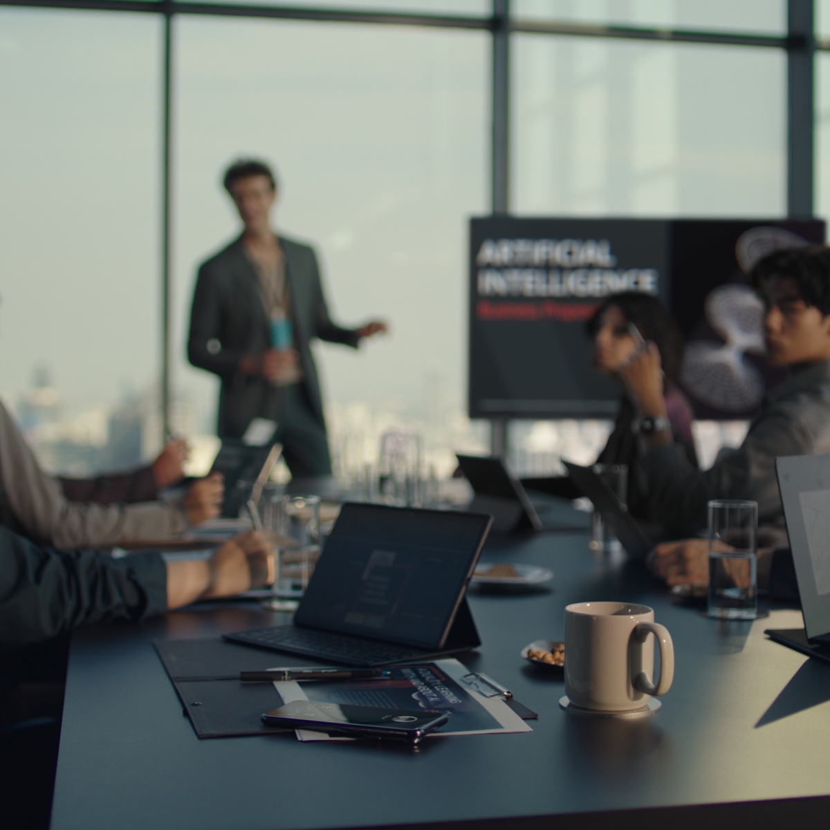 一个佩戴 HUAWEI WATCH 5 的男人，在会议中不方便接通电话，使用手势操控隔空拒接电话