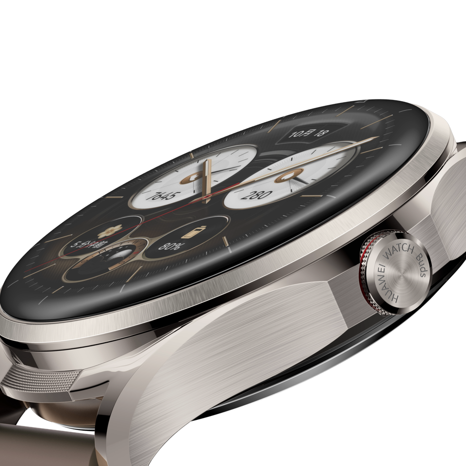 HUAWEI WATCH Buds 2 表圈特写镜头，展示了表圈航天级钛合金材⁠质
