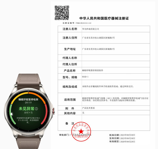 HUAWEI WATCH Buds 2 睡眠呼吸暂停检测证书, 展示了手表睡眠呼吸暂停检测的功能