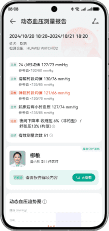 展示了 HUAWEI WATCH D2 的权益提供动态血压报告解读