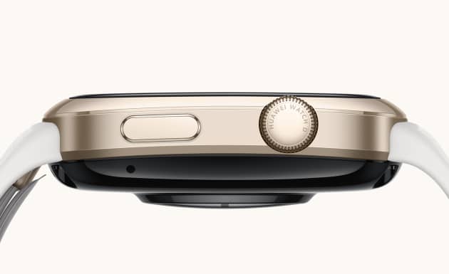 HUAWEI WATCH D2 金色侧视图,展示了金色表壳、表冠、功能按钮