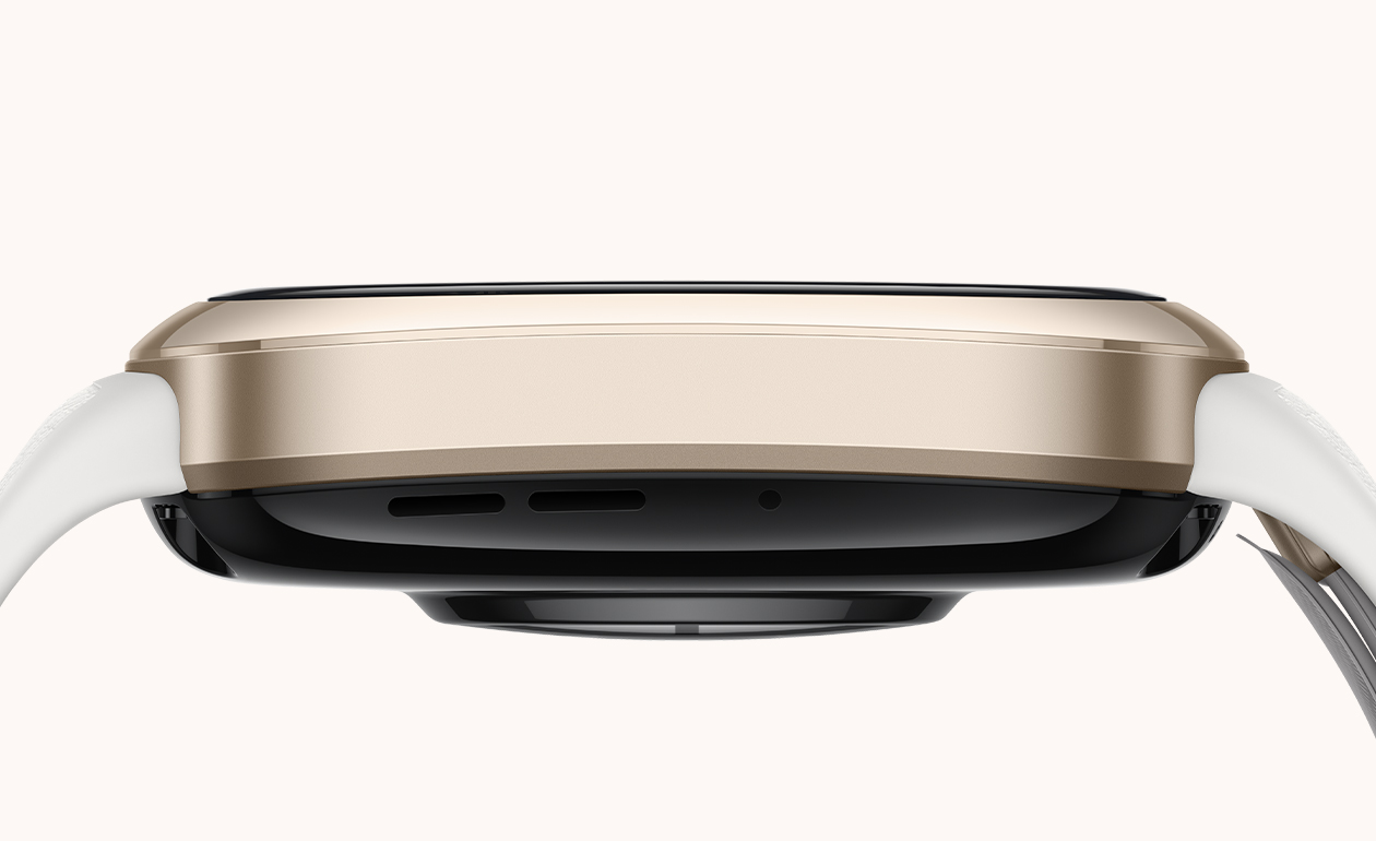 HUAWEI WATCH D2 金色侧视图,展示了金色表壳、表冠、功能按钮