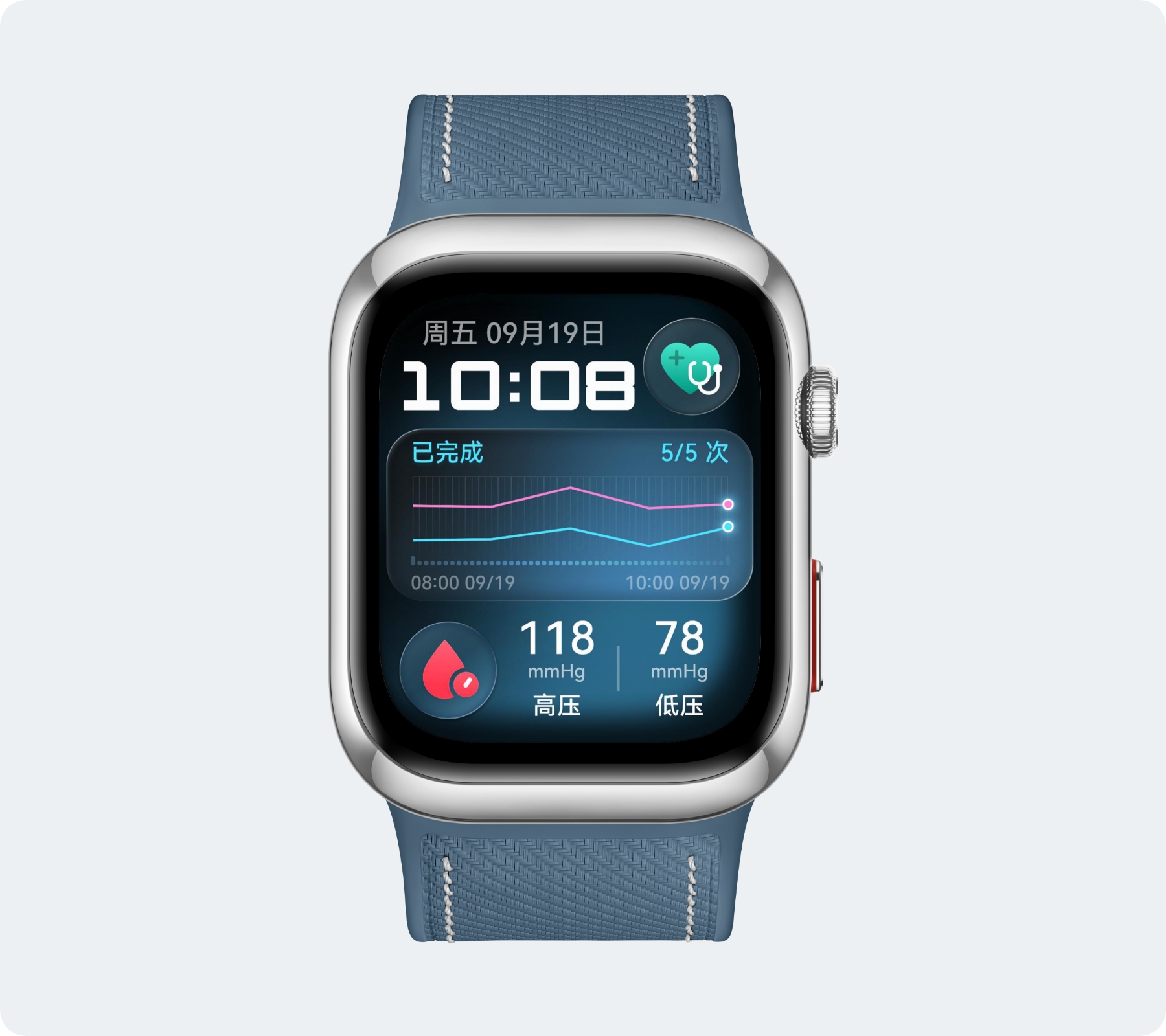 星云蓝颜色的 HUAWEI WATCH D2 正面图，展现了健康监测数据