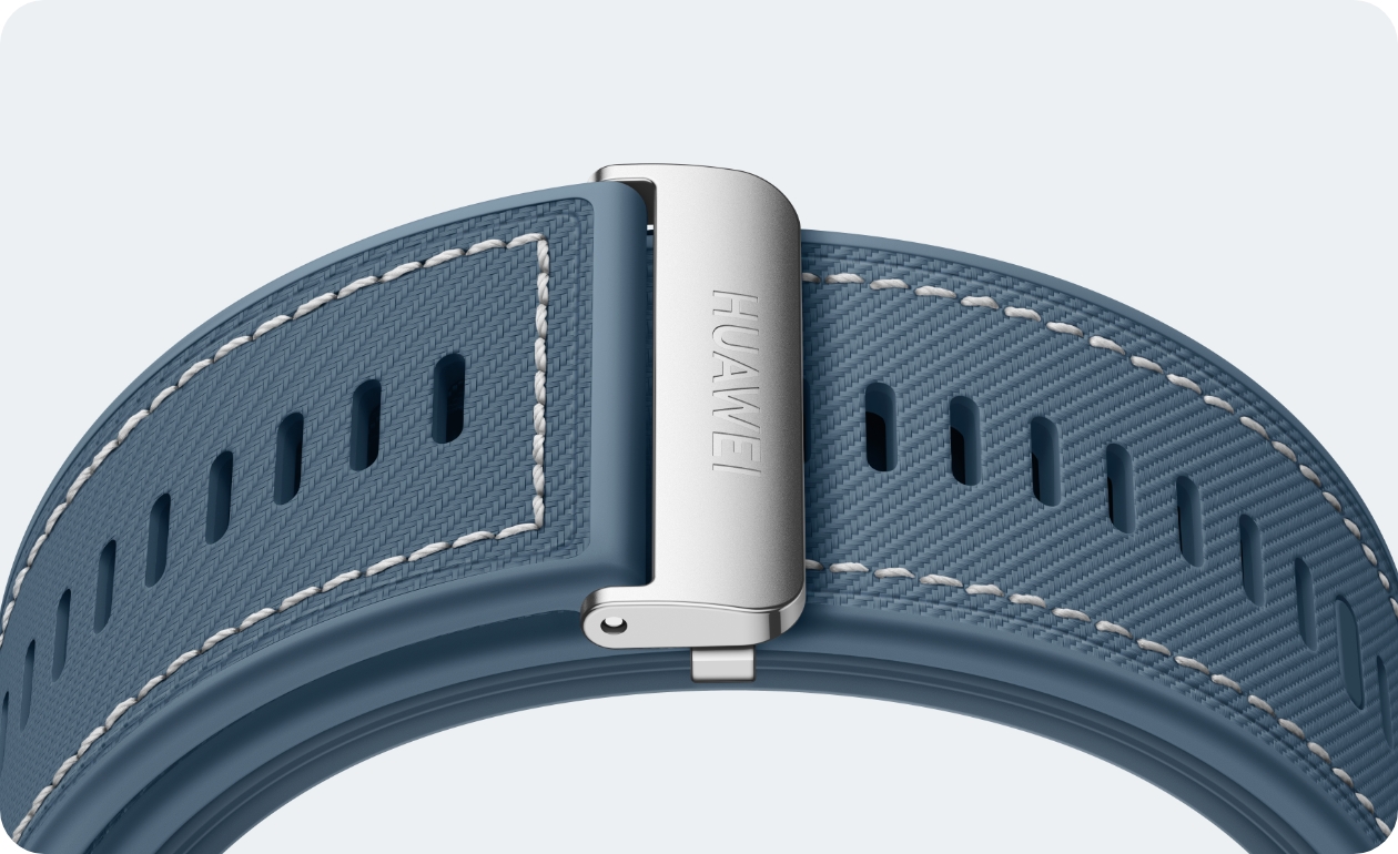 星云蓝颜色的 HUAWEI WATCH D2 细节图，展现了表带和表扣