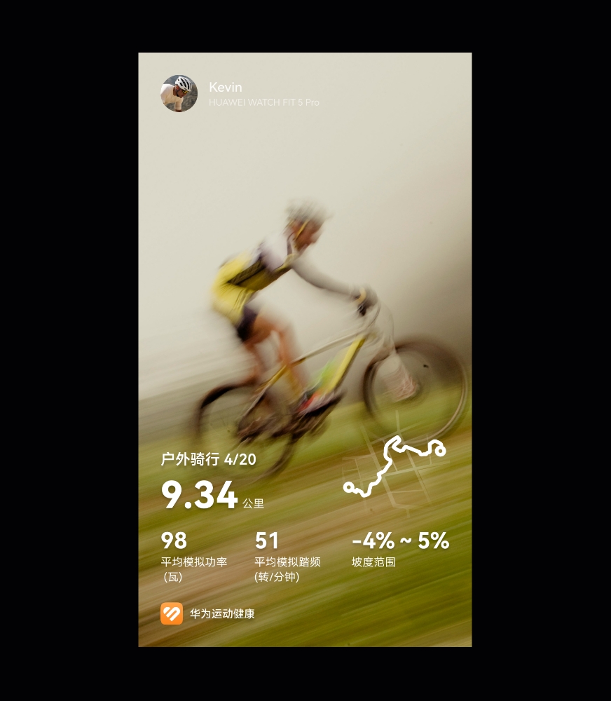 手机显示骑行路线及数据海报，展示了 HUAWEI WATCH FIT 5 Pro 支持骑行运动数据同步，一键分享的功能