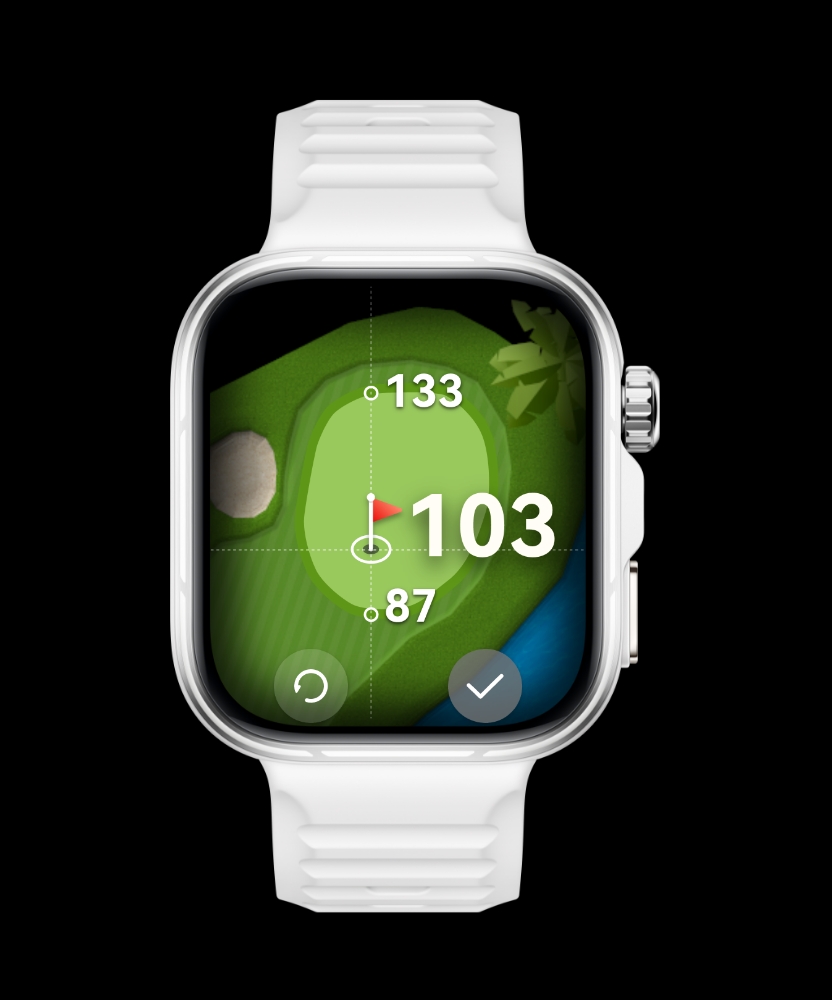 HUAWEI WATCH FIT 5 Pro 表盘显示高尔夫球场视图，展示了手表支持自定义旗杆位置功能