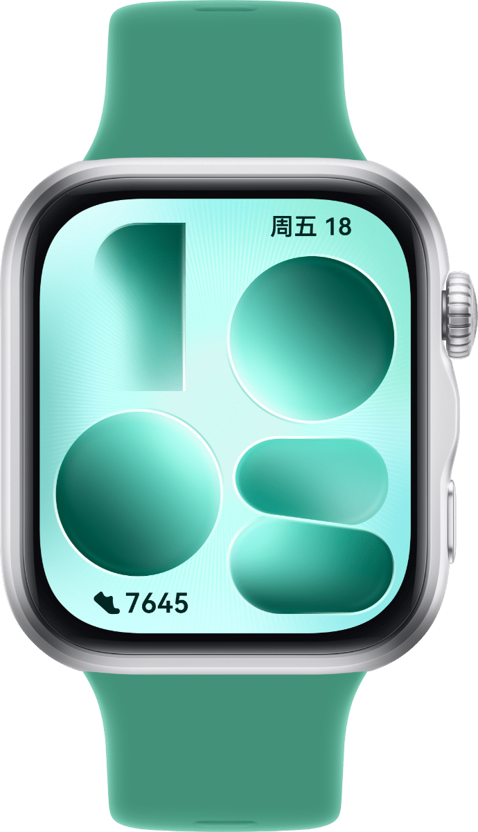 HUAWEI WATCH FIT 5 正面视图，屏幕显示电量数据，展示手表续航持久的性能